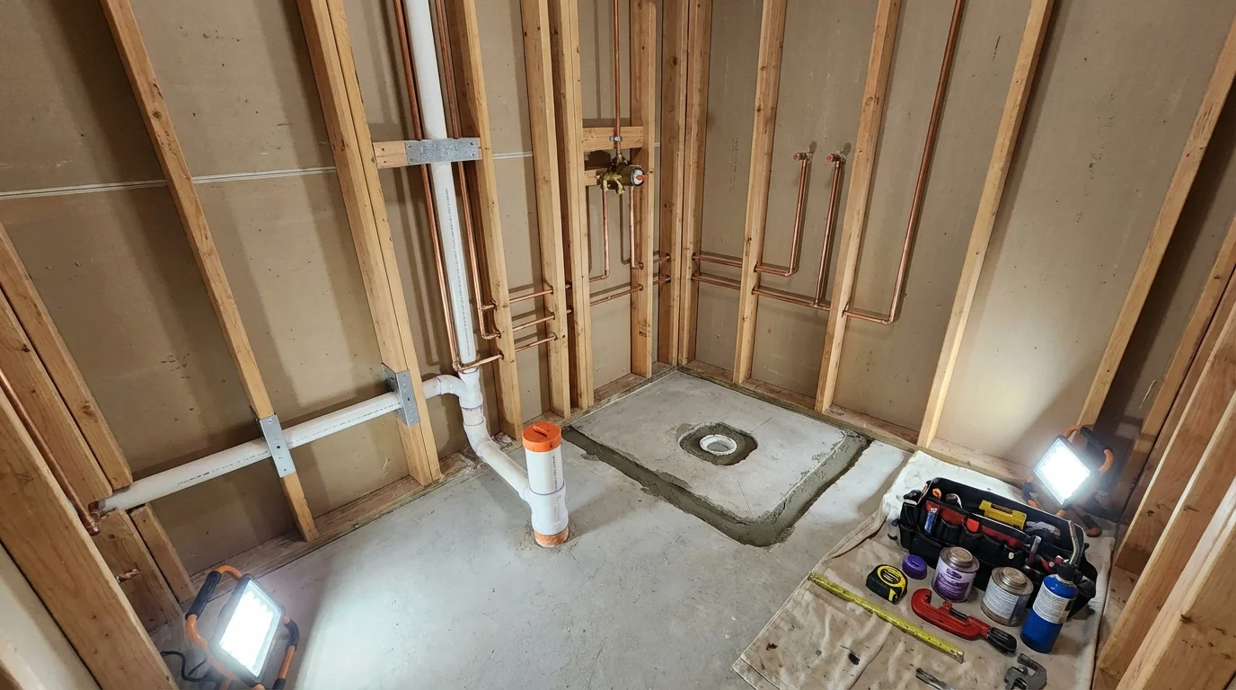 Bathroom rough-in plumbing during remodel by Johns Plumbing LLC in Benwood