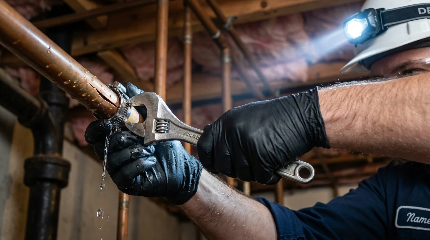 Emergency pipe clamp repair being performed by a Johns Plumbing LLC plumber in Benwood