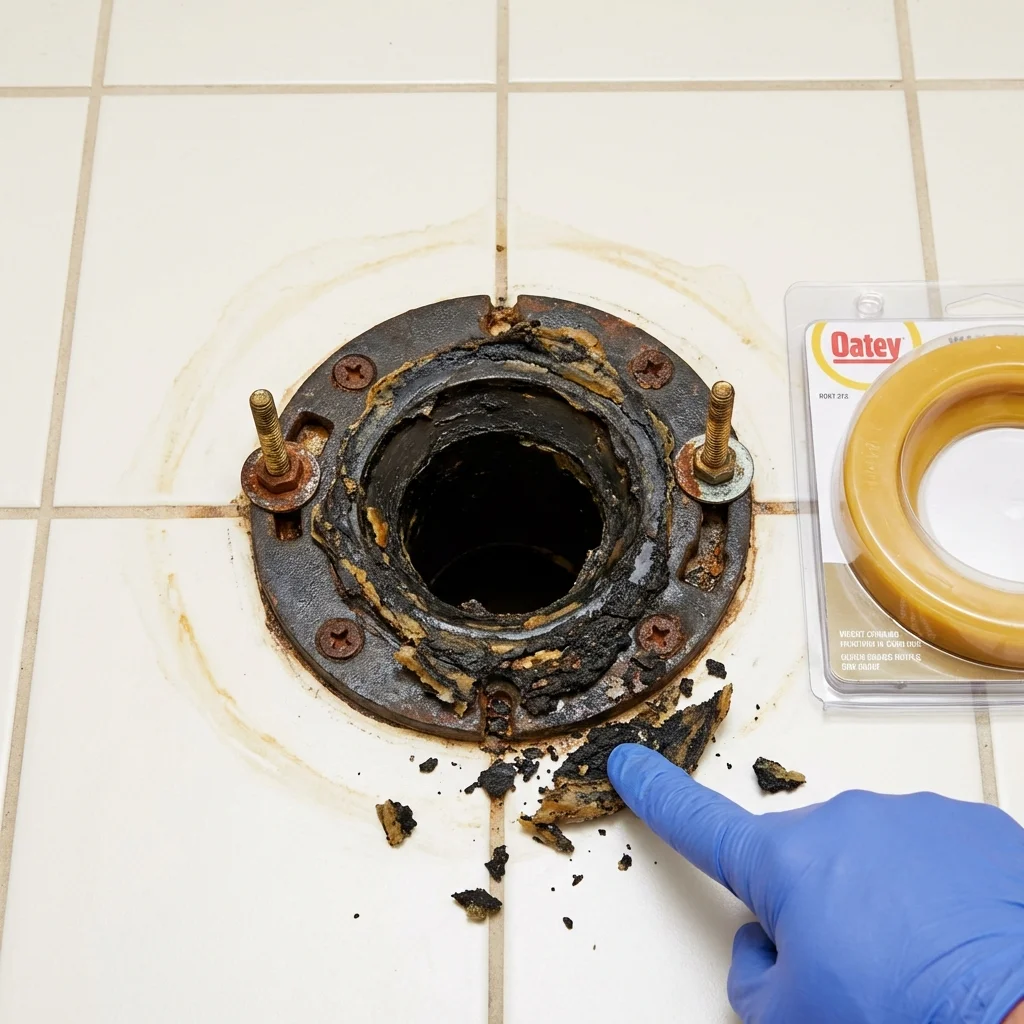 Failed wax ring showing water seepage at the base of a toilet in a Benwood, WV home