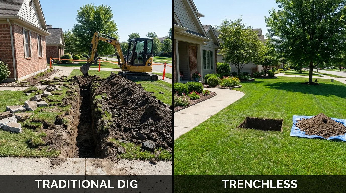 Trenchless sewer repair with minimal yard damage versus traditional excavation in Benwood, WV