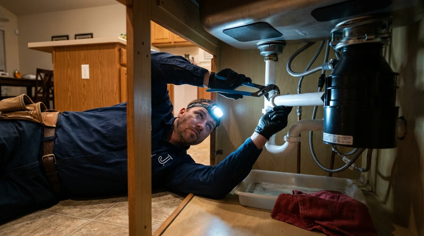 P-trap and supply line connections under a kitchen sink showing a common leak point in Benwood, WV